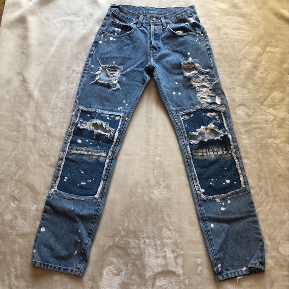 Carmar Distressed Patchwork Bleached Wide Leg Denim Jeans Size 24 - Picture 8 of 14